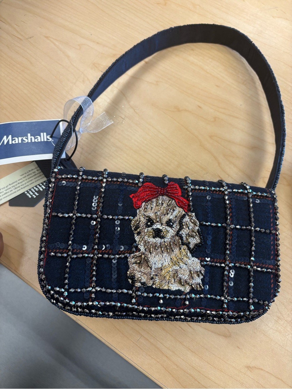 Marshalls Navy Beaded Bag with Embroidered Puppy and Red Bow Accent
